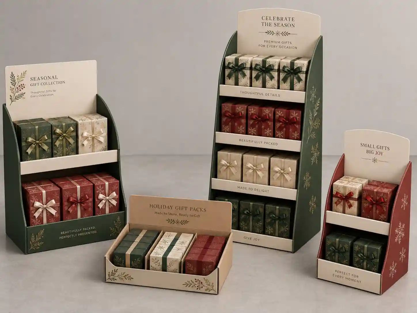 Custom cardboard display samples for seasonal gift packs in a product-only studio scene