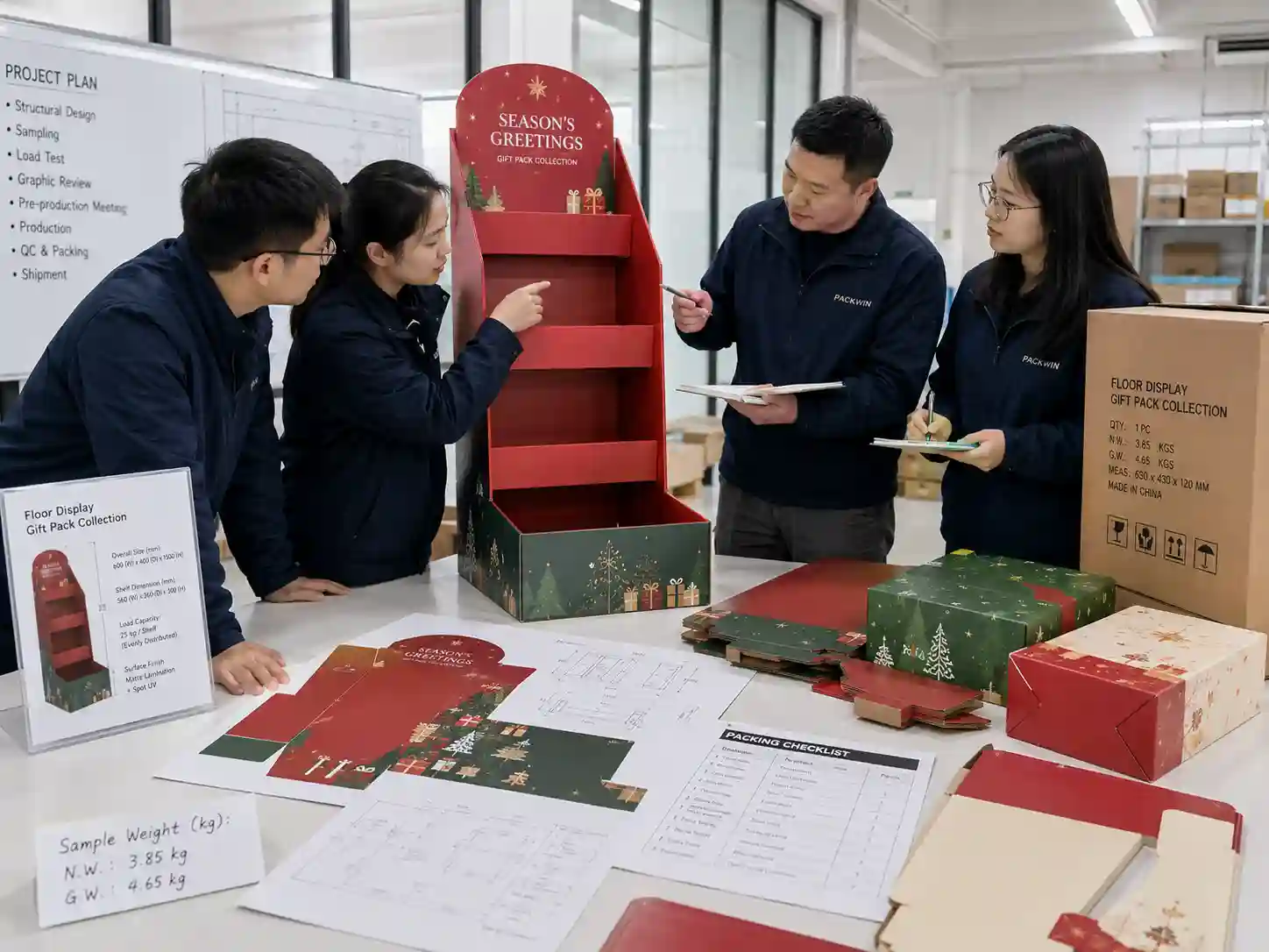 Chinese factory team reviewing a cardboard display for seasonal gift packs before bulk production