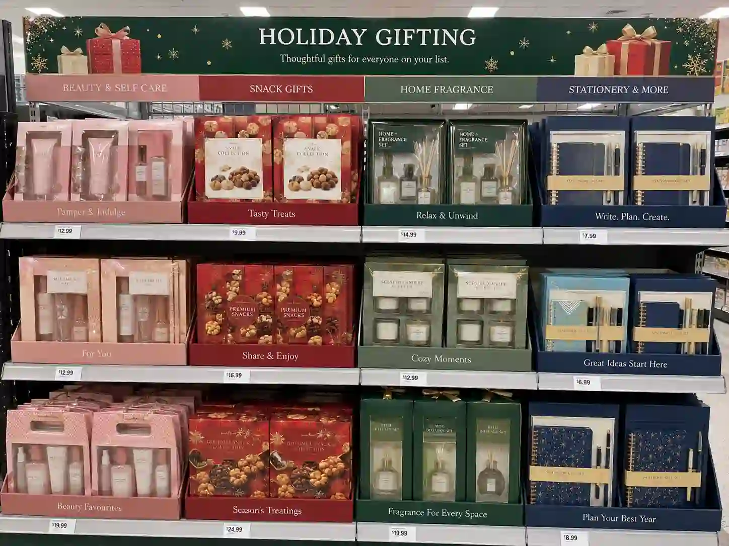 Cardboard display for seasonal gift packs arranged in a retail holiday promotion aisle
