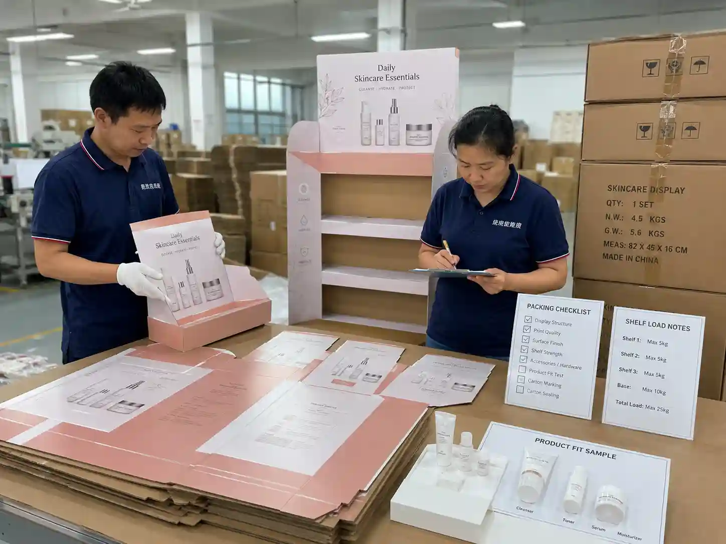 Chinese factory team checking skincare cardboard display structure and export packing