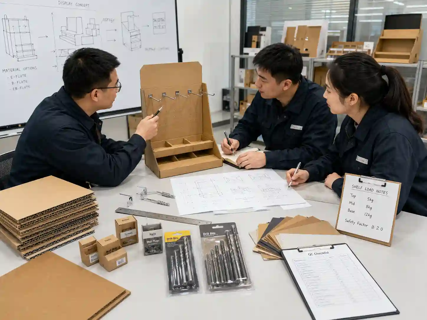 Packaging engineers reviewing structure and material samples for a small hardware cardboard display