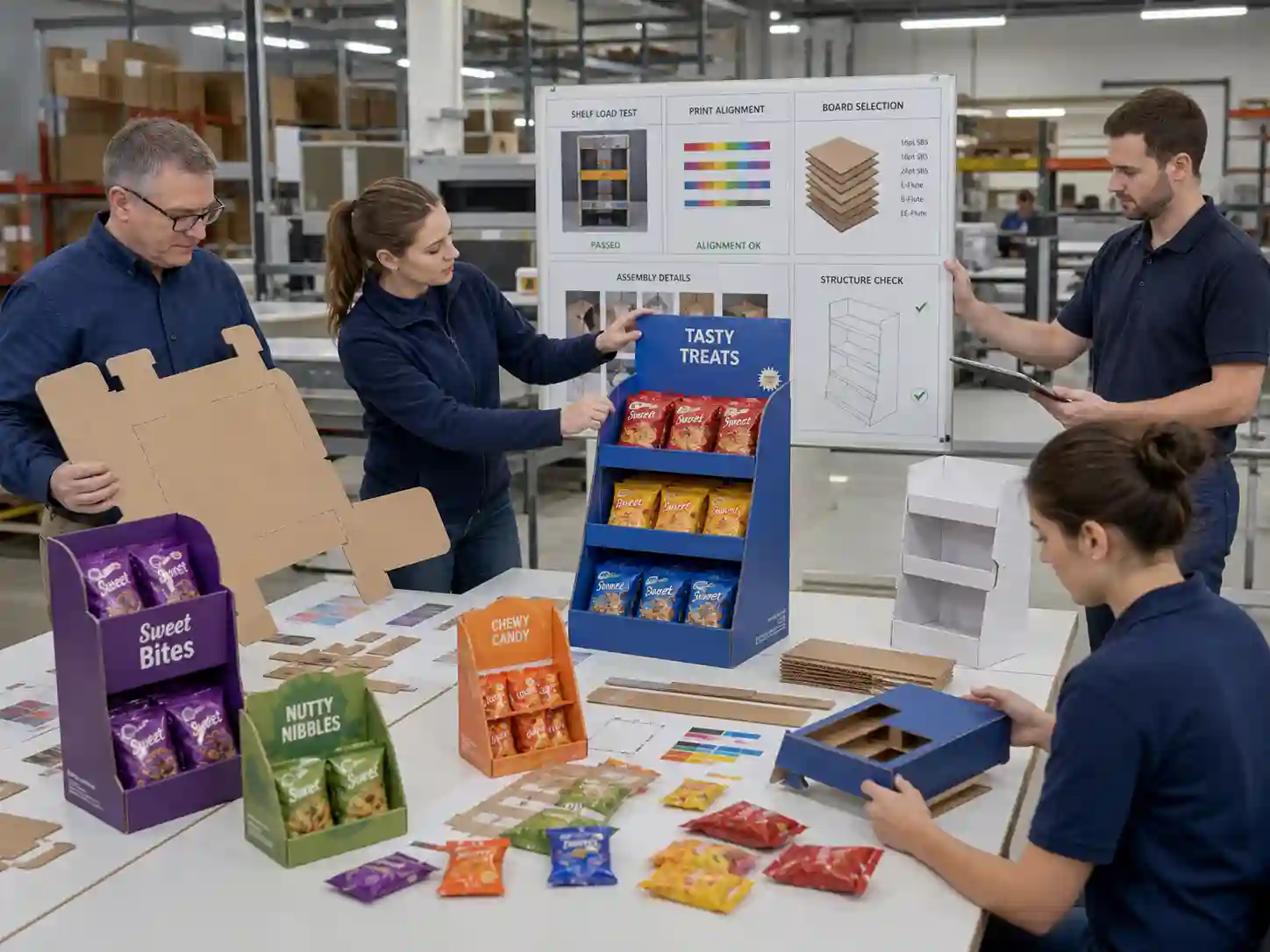 Factory testing shelf strength for snack and candy cardboard display production