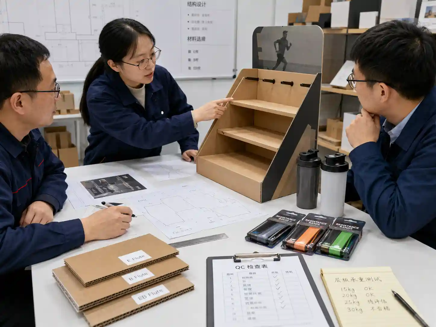 Factory planning table for a sporting goods cardboard display sample with corrugated board and product mockups