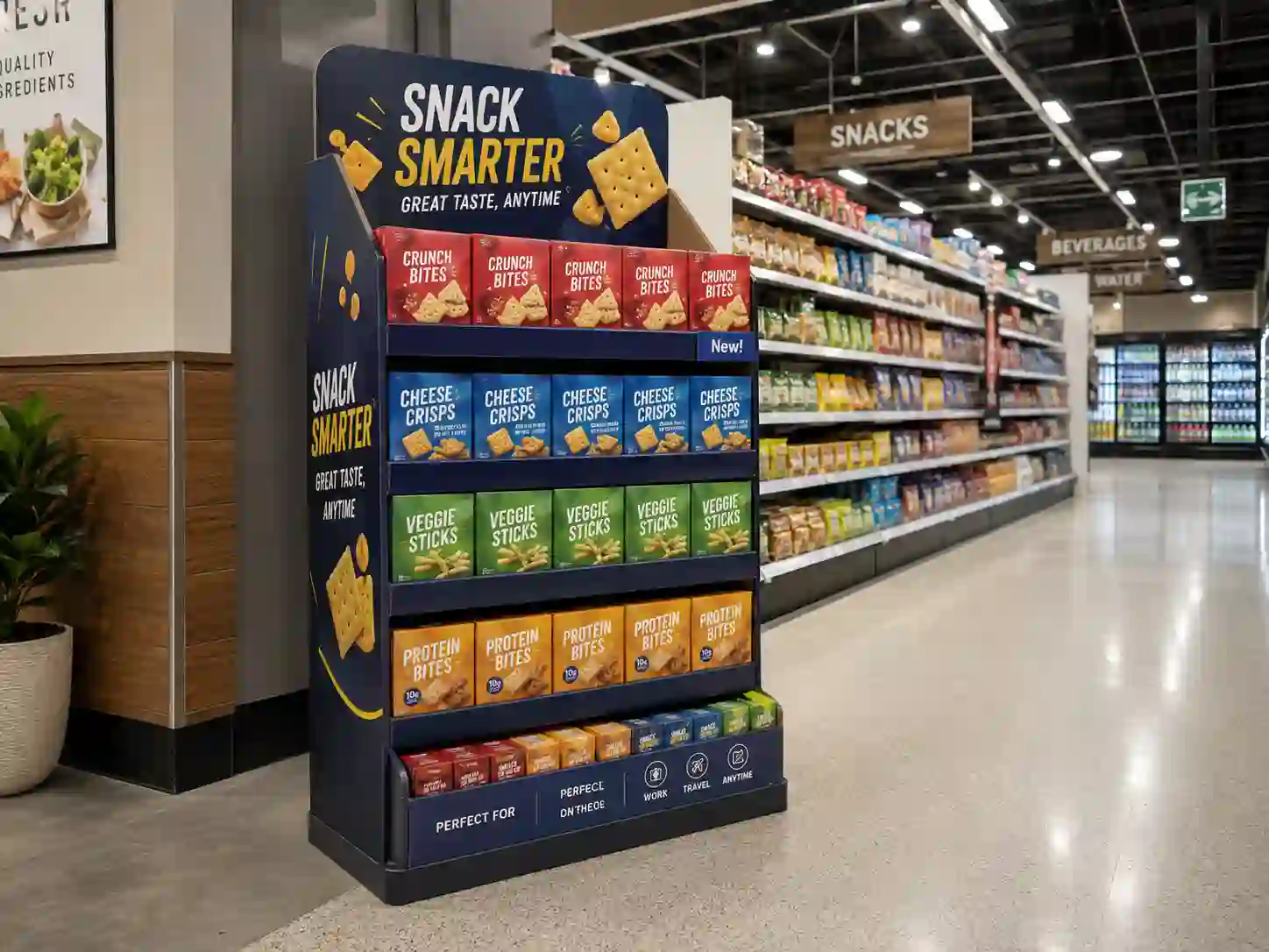Standee display placed near a supermarket aisle entrance for better retail visibility