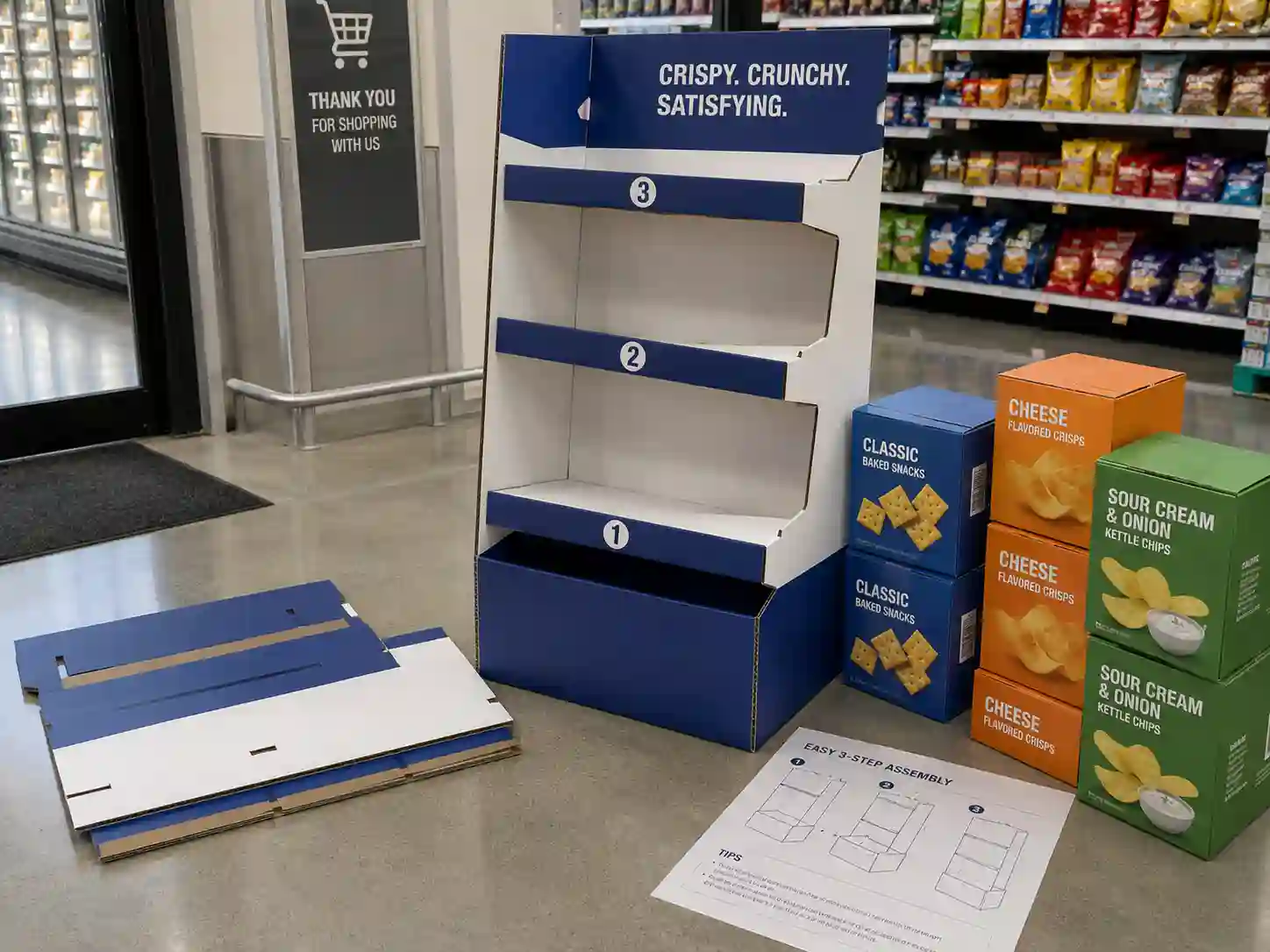 Easy-to-install standee display setup in a retail aisle with numbered shelves and generic products