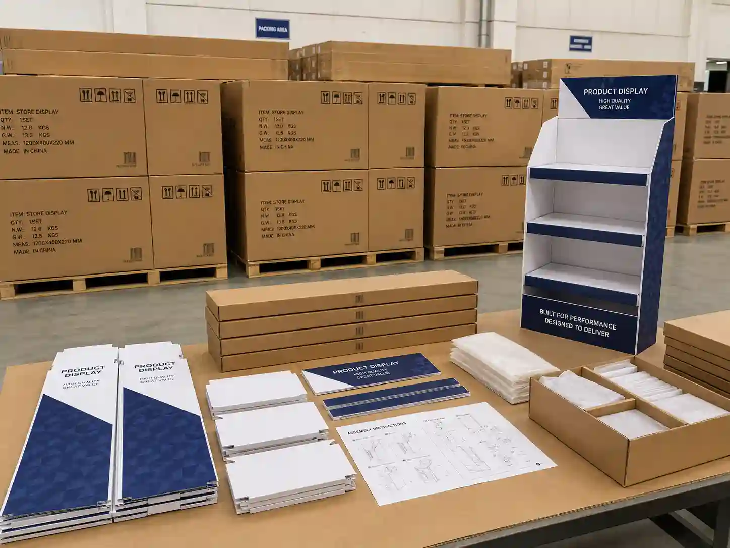 Flat-packed standee display components prepared for export and retail rollout