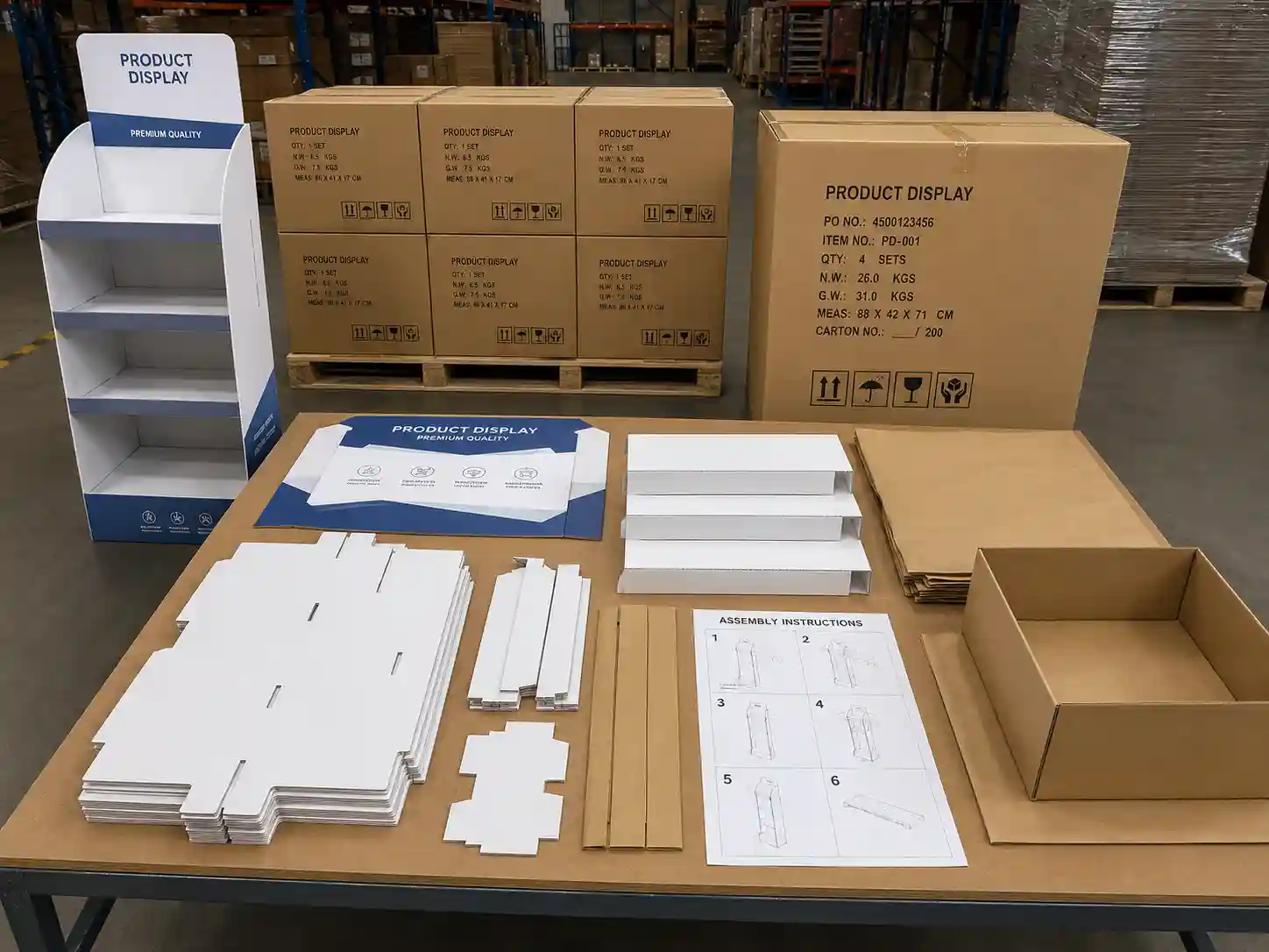 Flat-packed standee display components prepared for export packing and retail setup