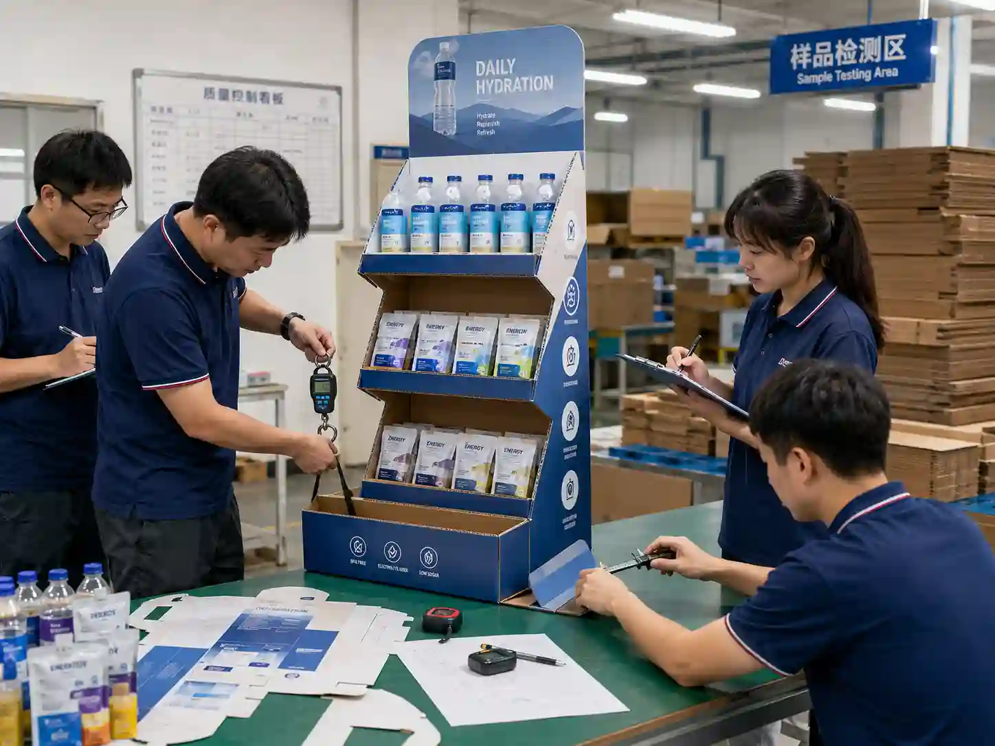 Factory workers testing standee display structure and product weight before retail placement