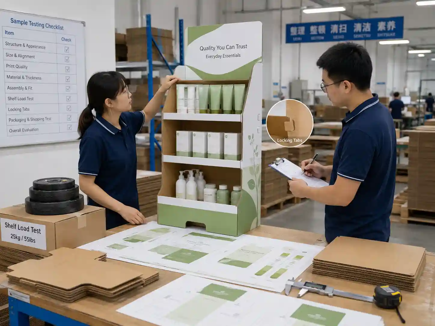 Factory sample testing for a custom standee display with corrugated structure and load check