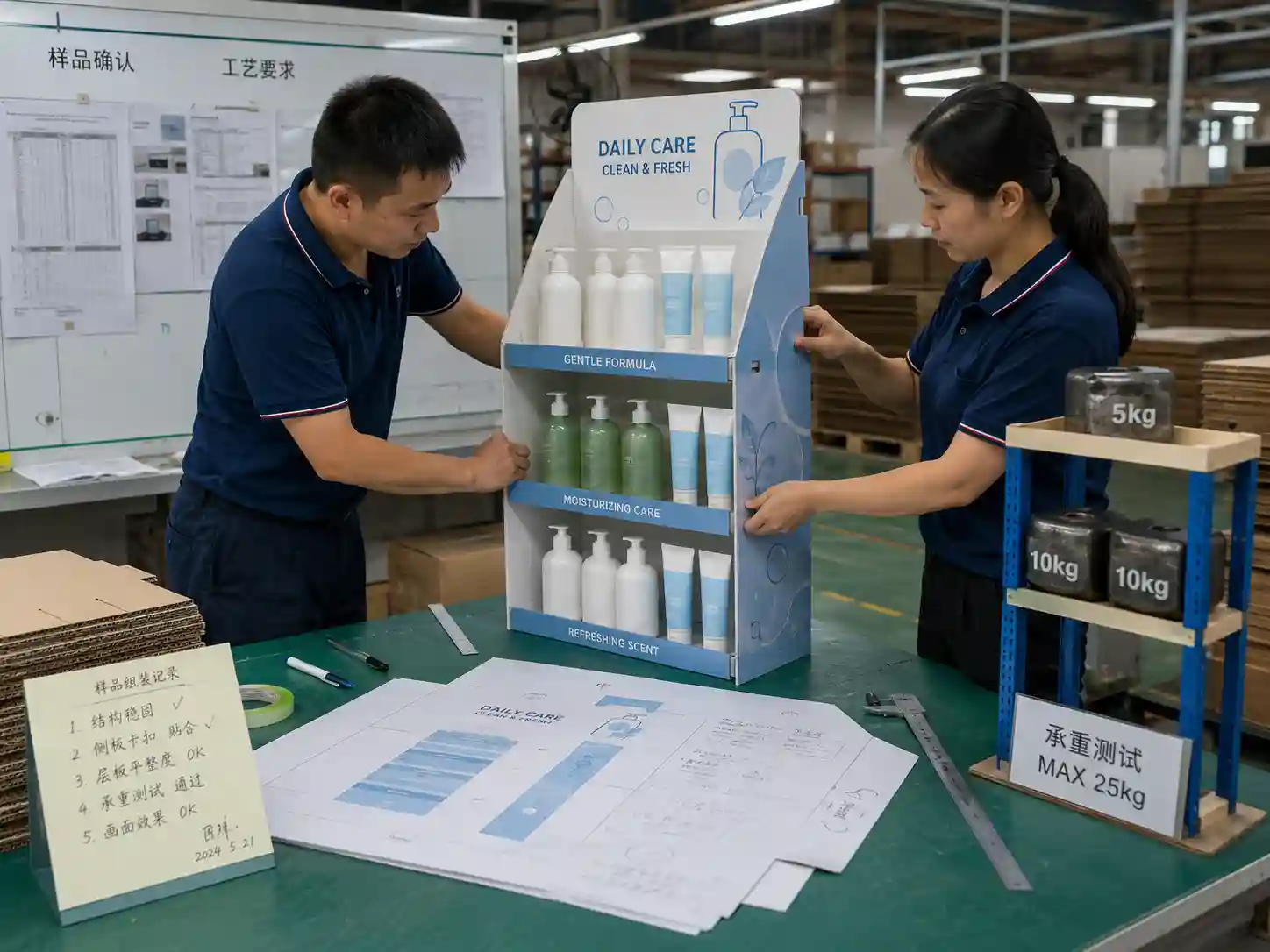 Factory team testing a custom standee display sample before mass production