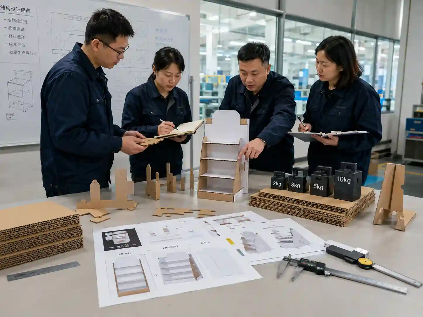 Factory testing a standee display structure with corrugated shelves, locking tabs, and weight samples