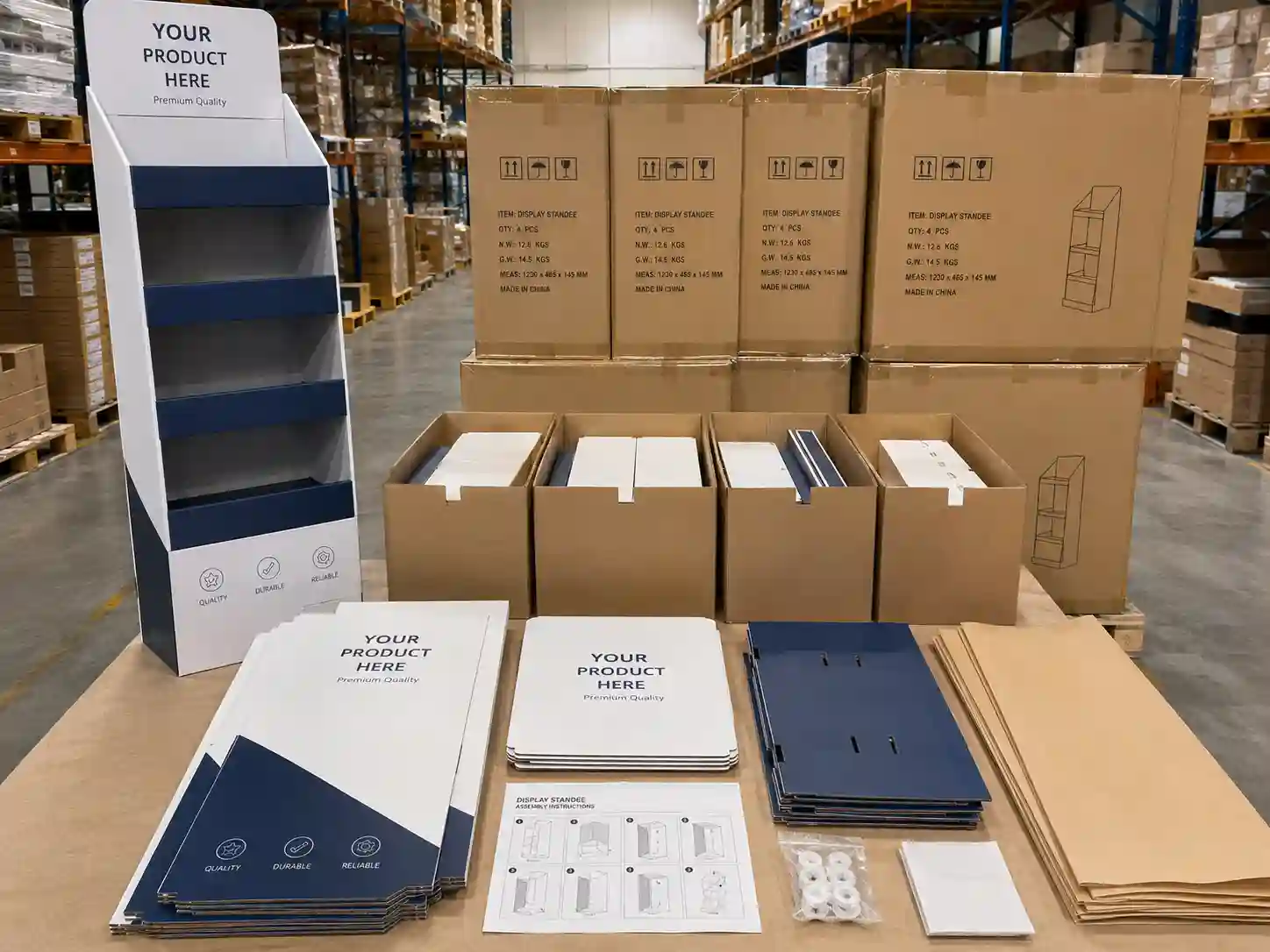 Flat-packed standee display components prepared for export packing and fast store installation