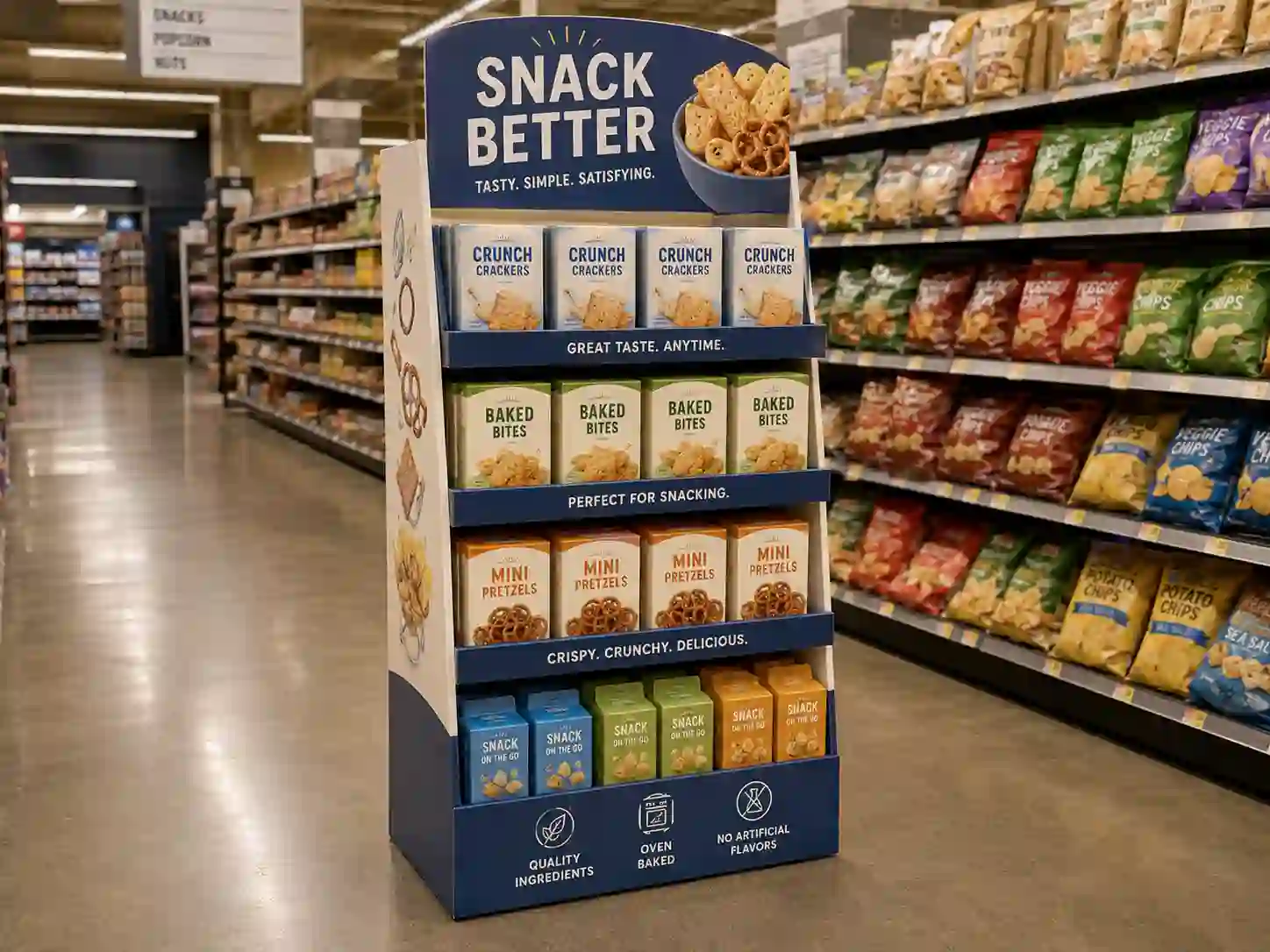 Standee display placed in a retail aisle with neat product facing and strong shelf structure
