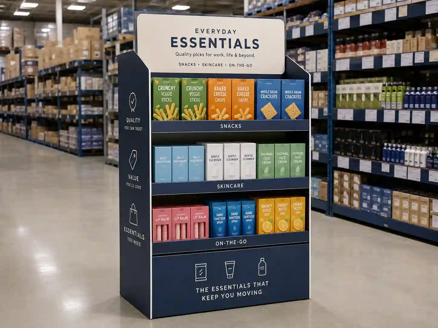 Standee display in a retail aisle showing suitable lightweight packaged products