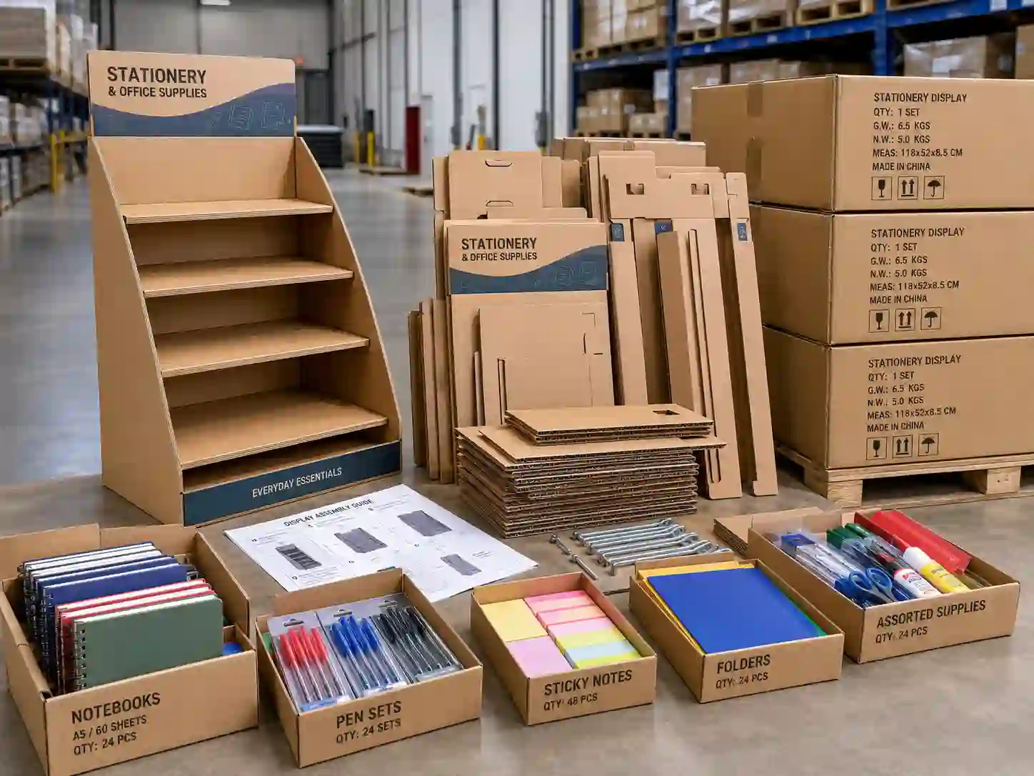 Warehouse setup and refill preparation for stationery cardboard display