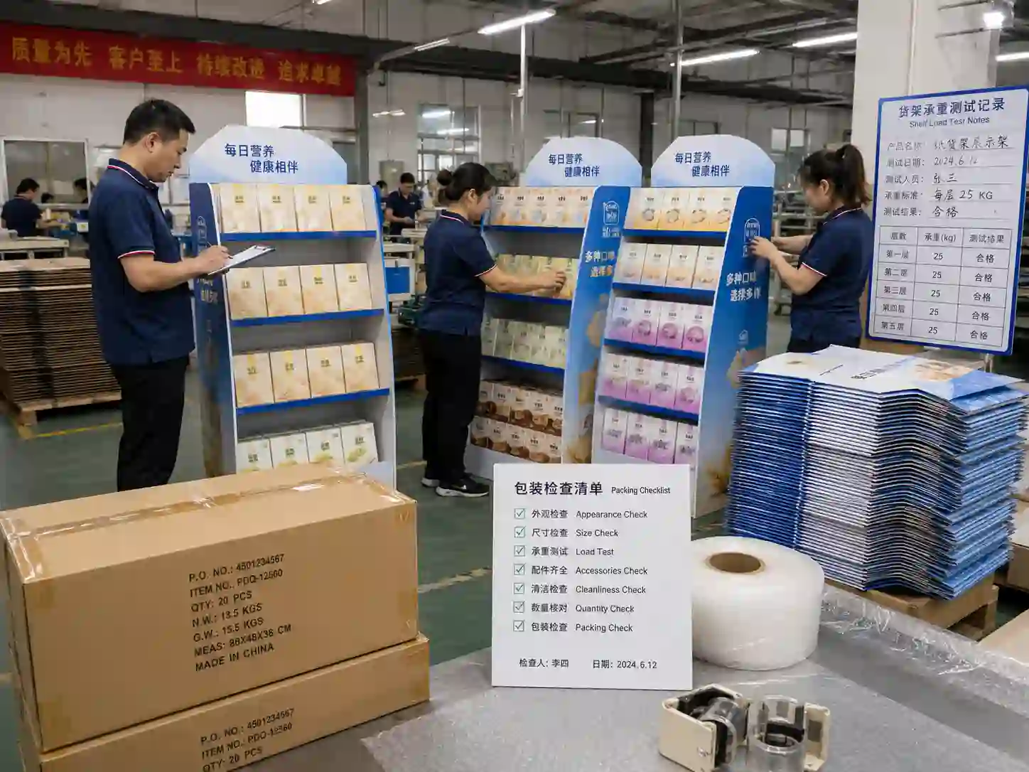 Chinese factory workers testing and packing supermarket cardboard displays for export production