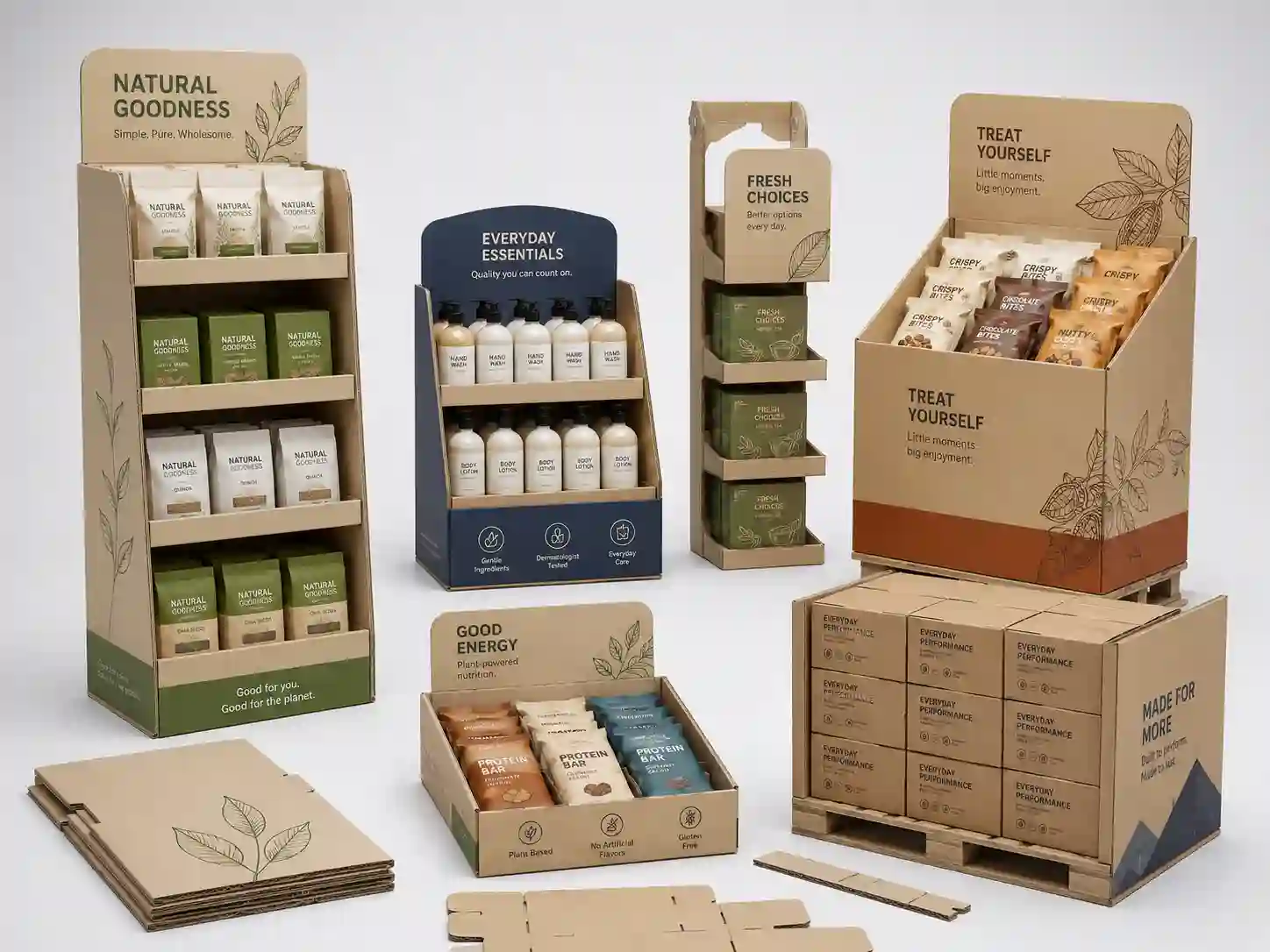 supermarket cardboard display types including floor display, counter display, PDQ tray, sidekick, dump bin, and pallet display