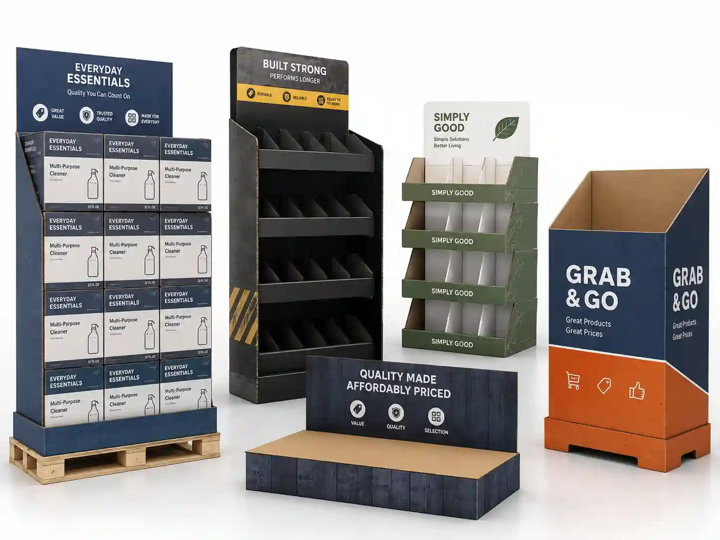 product-only studio view of pallet display, PDQ tray, dump bin, and heavy-duty cardboard display structures