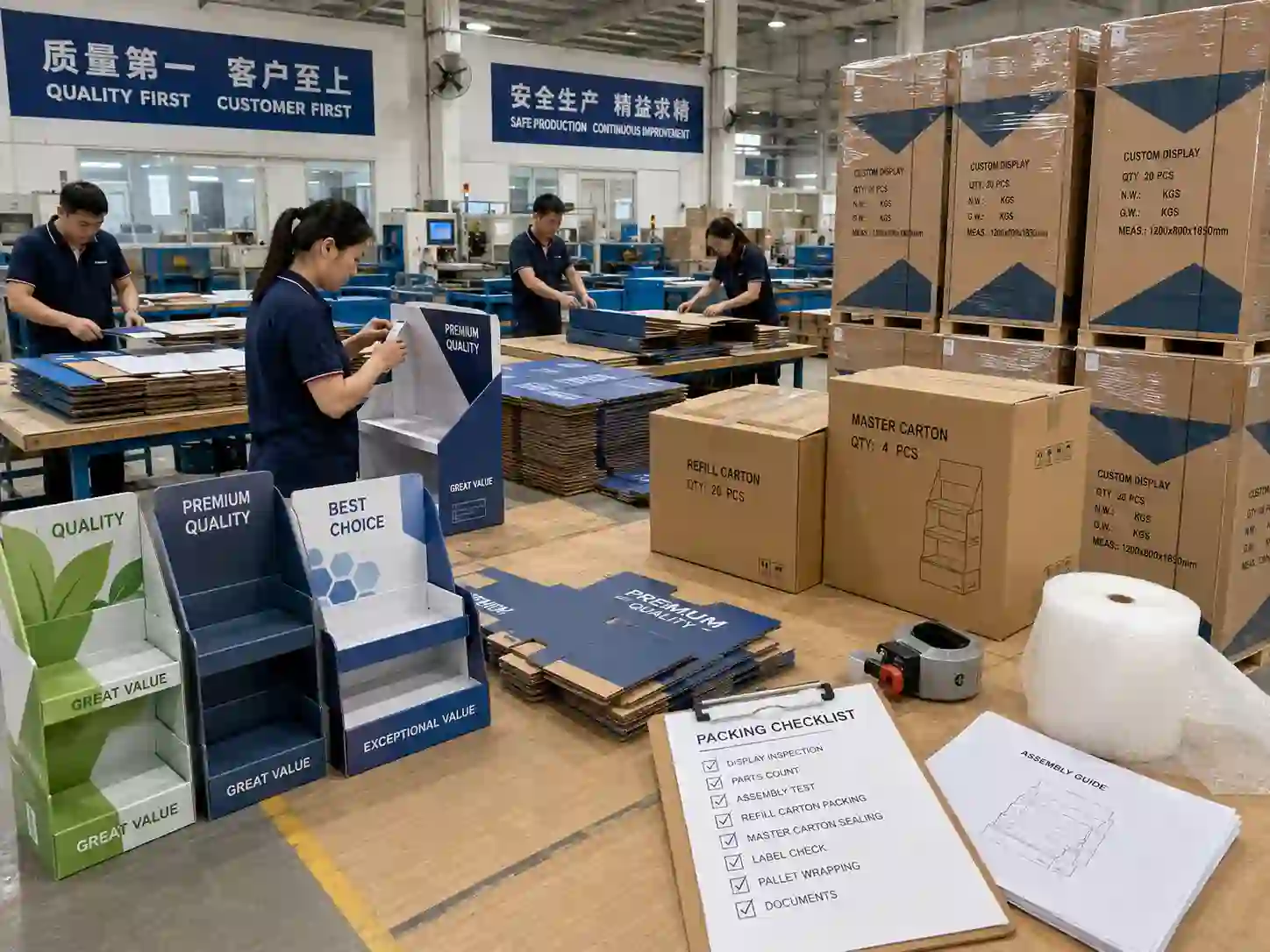 Chinese factory team flat-packing and export packing custom cardboard displays for warehouse clubs