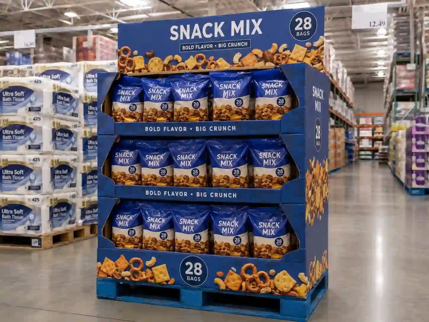 cardboard display for warehouse clubs shown as a pallet display in a bulk retail aisle