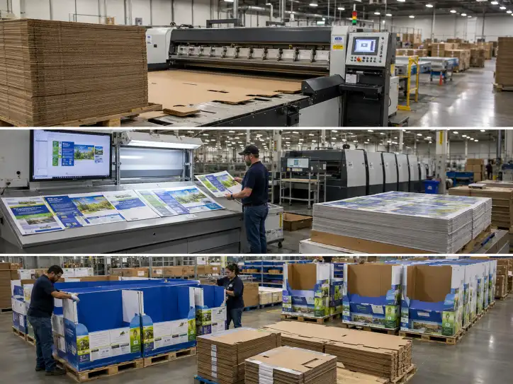 Cardboard display factory production line showing die-cutting, printing, and assembly areas for Costco pallet display manufacturing.