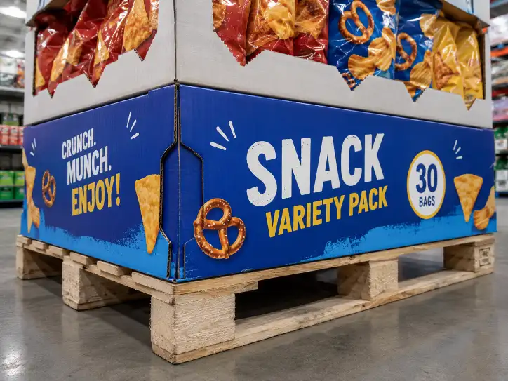 Close-up of a pallet skirt display showing the printed corrugated panel attached to the pallet base with brand graphics.