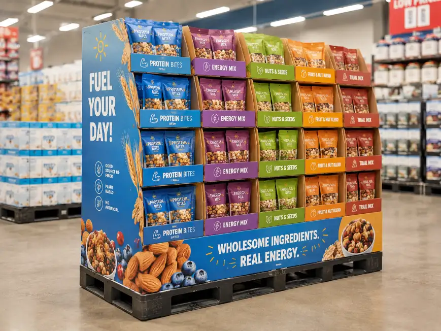Custom cardboard pallet display in a warehouse club store