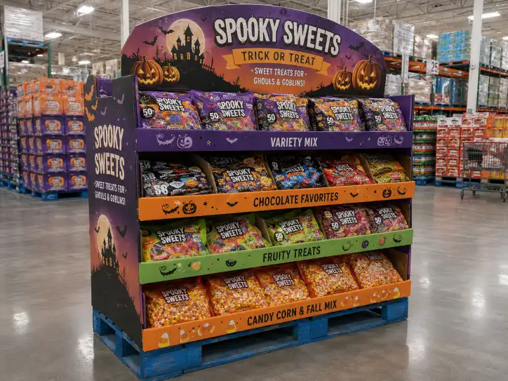 Club store candy pallet display showing seasonal variety packs and bulk candy bags arranged on printed corrugated trays with a branded header card.