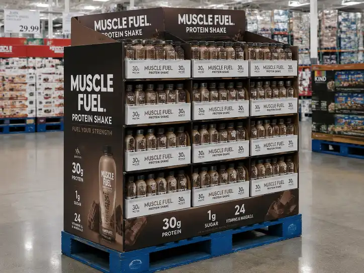 Club store display on a GMA pallet in a warehouse retail environment with forklift access openings visible.