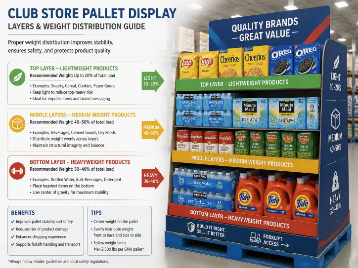 Club store pallet display layers showing weight distribution with heavy products at bottom and lighter products on top.