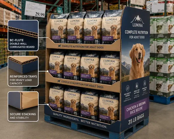 Club store pet product pallet display showing stacked bagged dog food on reinforced corrugated trays with BC-flute double-wall board.