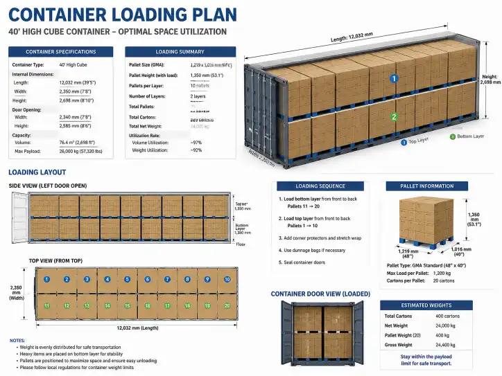 Container loading plan diagram showing palletized retail display cartons arranged for optimal container utilization