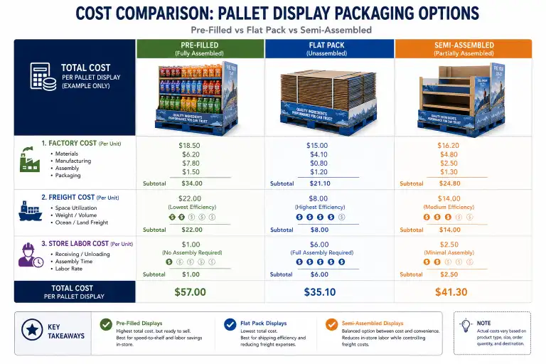 Cost comparison chart showing pre-filled vs flat pack vs semi-assembled pallet displays across factory, freight, and store labor costs.