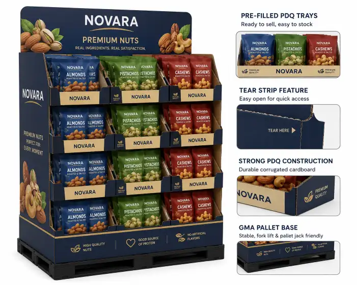 Costco PDQ pallet display for food showing pre-filled PDQ trays with tear strip features on a GMA pallet base.