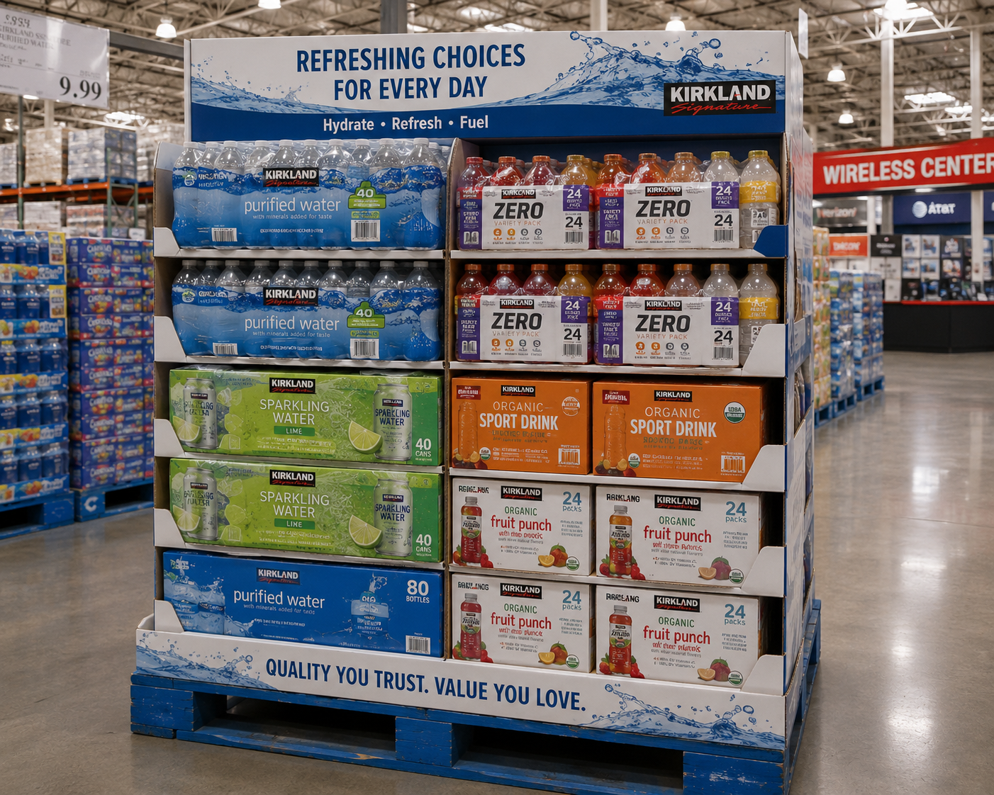 Costco beverage display in a warehouse club aisle showing stacked bottled water and drink multipacks on a reinforced pallet base.
