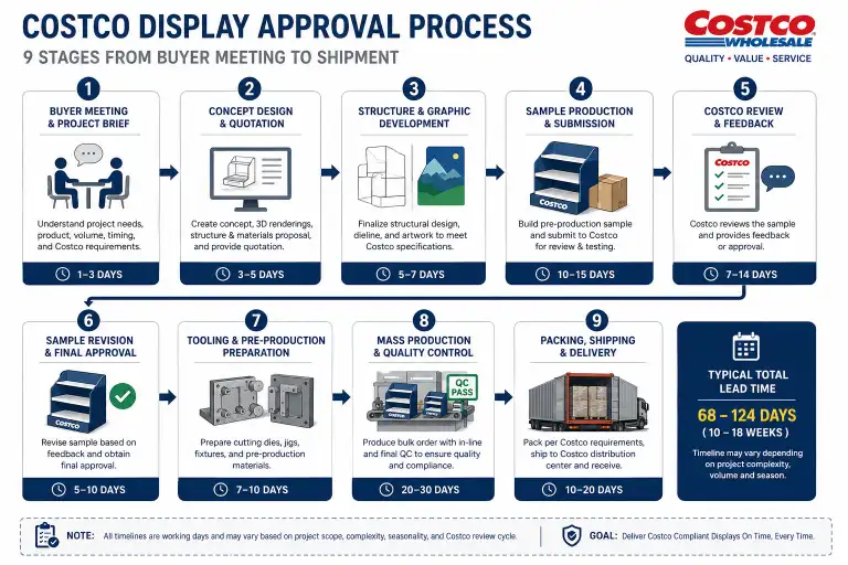 Costco display approval process timeline flowchart showing 9 stages from buyer meeting to shipment with typical durations for each step.