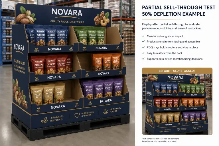 Partial sell-through testing of a Costco food PDQ pallet display showing the display at 50% depletion with products removed from the front trays.