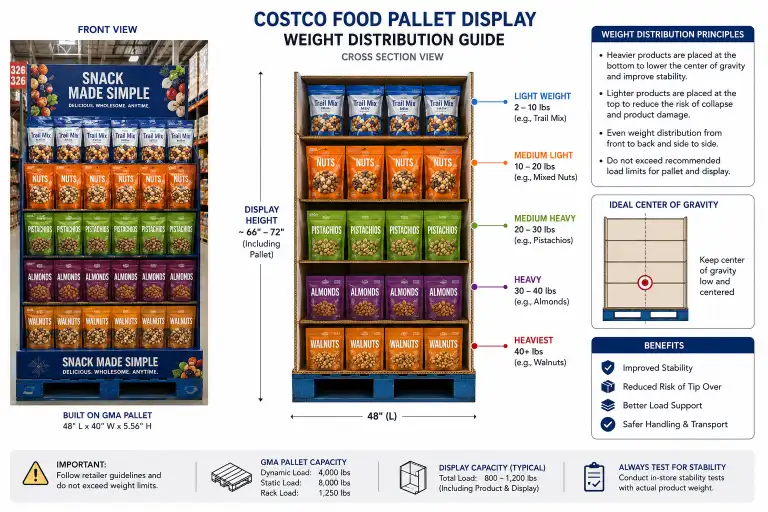 Cross section diagram of a Costco food pallet display showing weight distribution with heavy products at the bottom and lighter products on top.