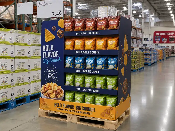 Costco food pallet display in a warehouse club aisle showing stacked snack products on a GMA pallet base.