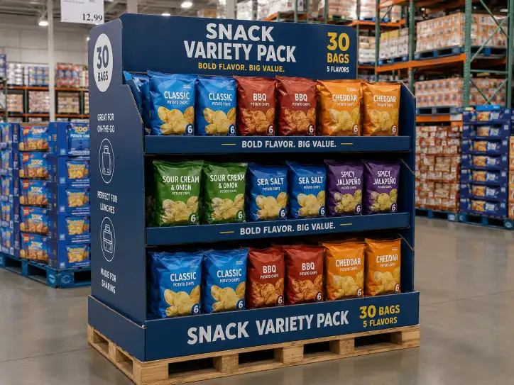 Costco pallet display on a standard GMA pallet in a warehouse club environment showing retail-ready presentation.