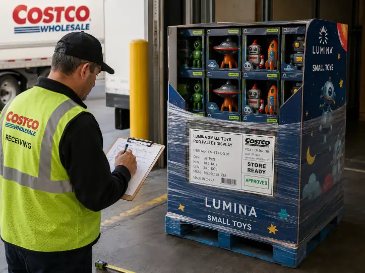 Costco receiving dock inspection showing a pallet display being checked for compliance with labels, dimensions, and packing condition.