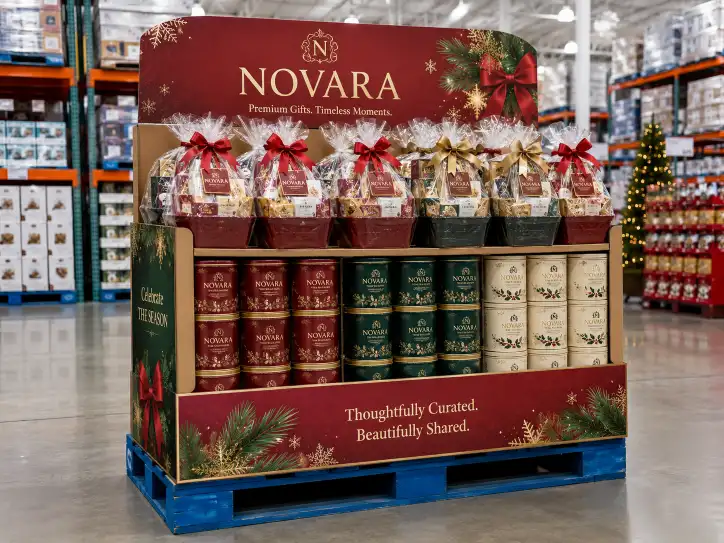 Costco seasonal gift display showing holiday gift baskets and snack tins arranged on a branded pallet display with festive printed pallet skirt and header card.