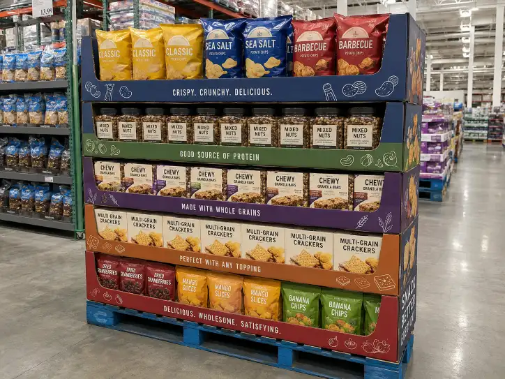 Multi-tier Costco snack pallet display showing different food categories arranged on reinforced corrugated trays