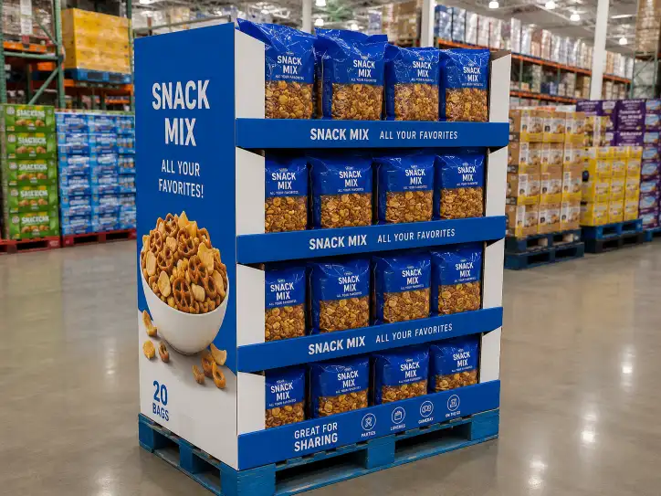 Costco-style club store display on a standard GMA pallet in a warehouse retail environment showing retail-ready presentation.