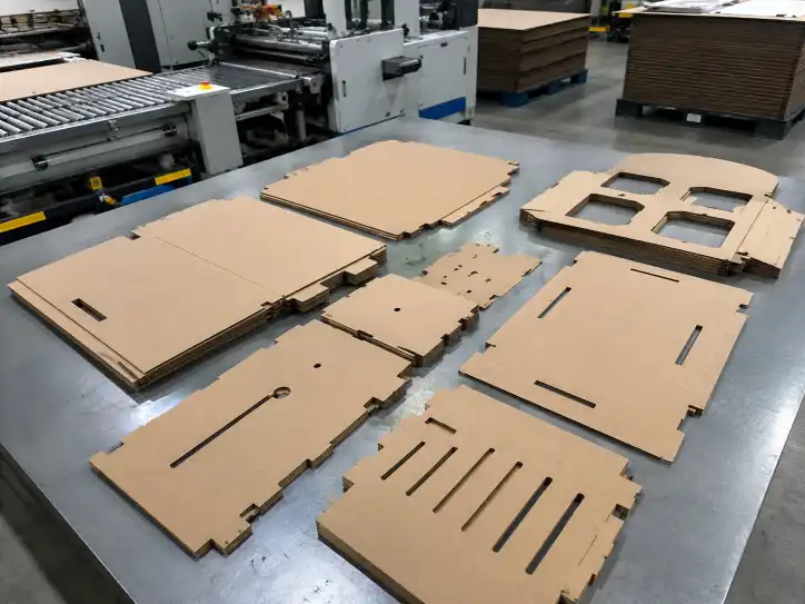 Die-cut corrugated display parts on a factory floor showing clean cutting edges and crease lines