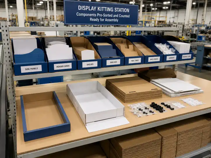 Display kitting station in a factory showing display components laid out for assembly including trays, header cards, and hardware.