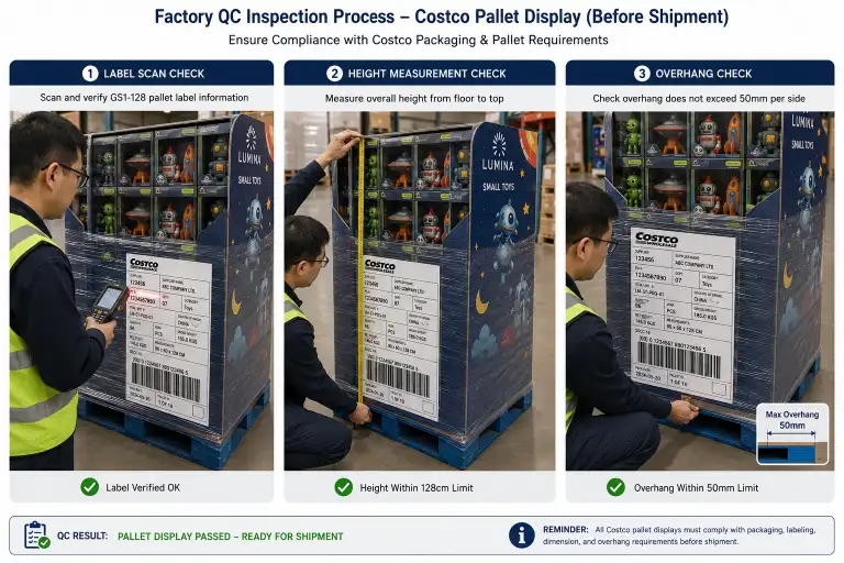 Factory QC inspection process showing label scanning, height measurement, and overhang check on a pre-filled Costco pallet display before shipment.