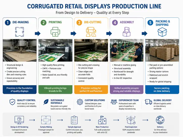 Factory production line flow diagram showing die-making, printing, die-cutting, assembly, and packing stages for corrugated retail displays.