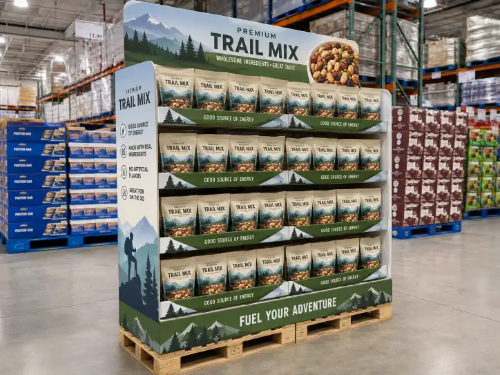 Full-size pallet display for club stores showing tiered trays, header card, and printed pallet skirt.