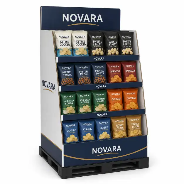 Half pallet display in a club store endcap position showing a compact product display with printed pallet skirt.